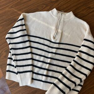 Black and White Cowl Neck Sweater with Ribbed Texture